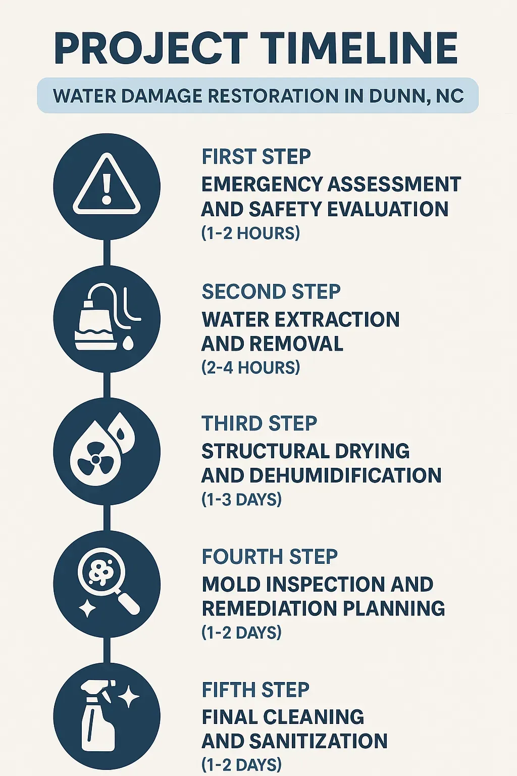 Infographic showing five-step water damage restoration process in Dunn, NC: assessment, extraction, drying, mold removal, cleaning.