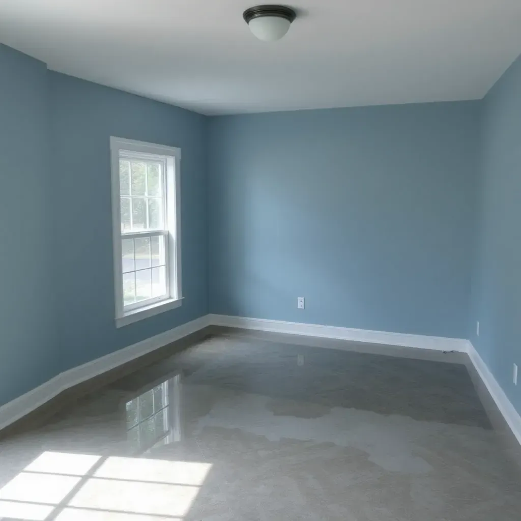 Water damage restoration in Clayton, NC home showing warped floors, peeling paint, moisture meters, and drying equipment.