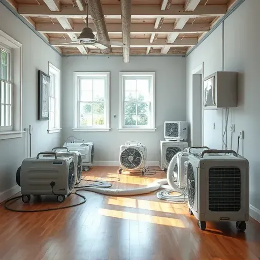Water damage restoration in Oxford, NC: organized workspace with fans, dehumidifiers, moisture meters, and pristine interior.