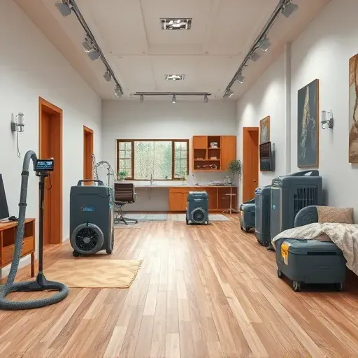 Water damage restoration scene in Benson, NC, showing a clean workspace with drying equipment and restored floors.