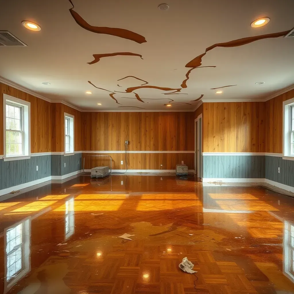 Water damage in Wendell, NC home: warped floors, soaked drywall, mold spots, drying fans, and ongoing restoration efforts.