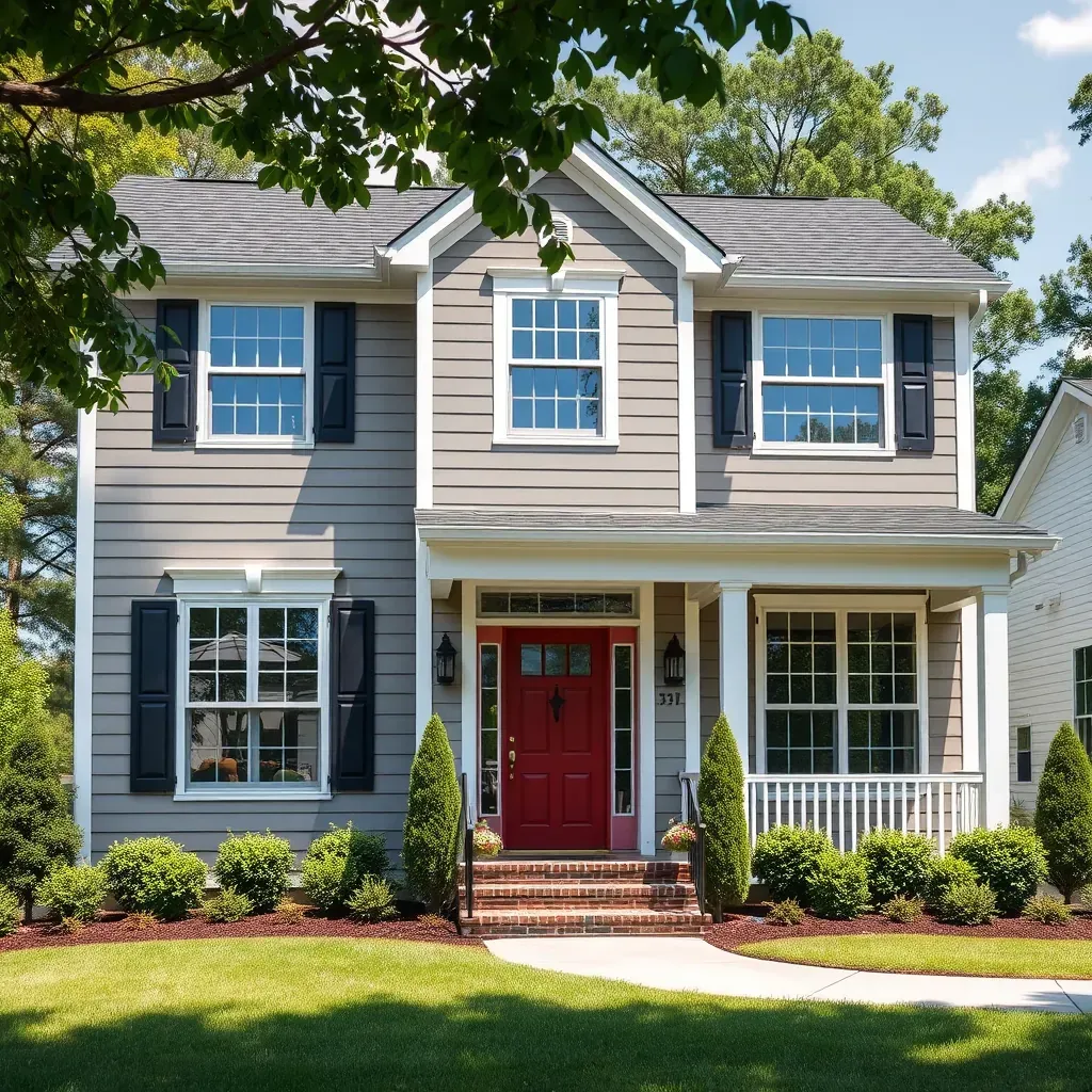 Close-up of modern Raleigh home with light gray textured vinyl siding, lush trees, blue sky, and suburban charm.