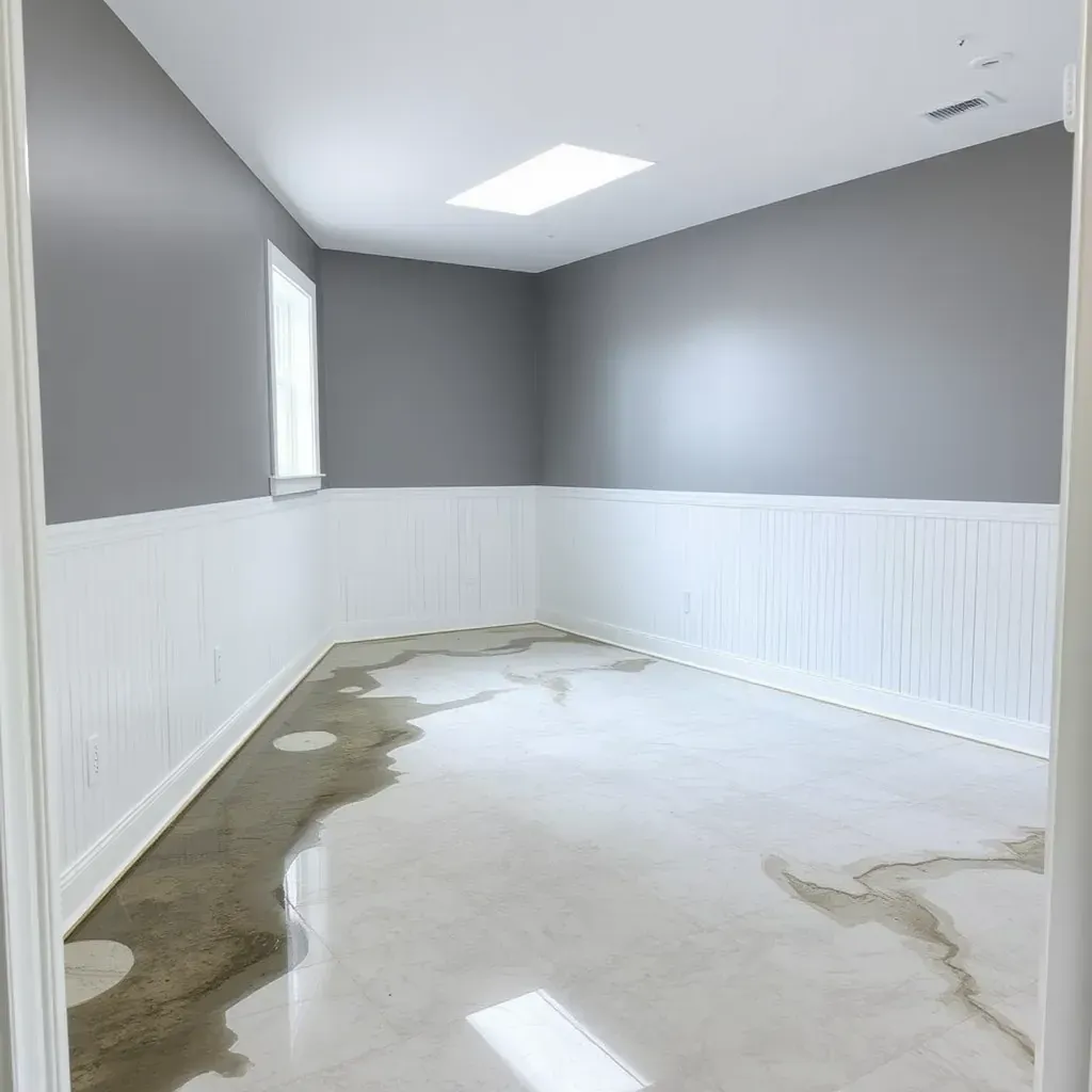 Water damage restoration in Spring Hope, NC: damaged wood, peeling paint, dehumidifiers, fans, and protective coverings in a home.