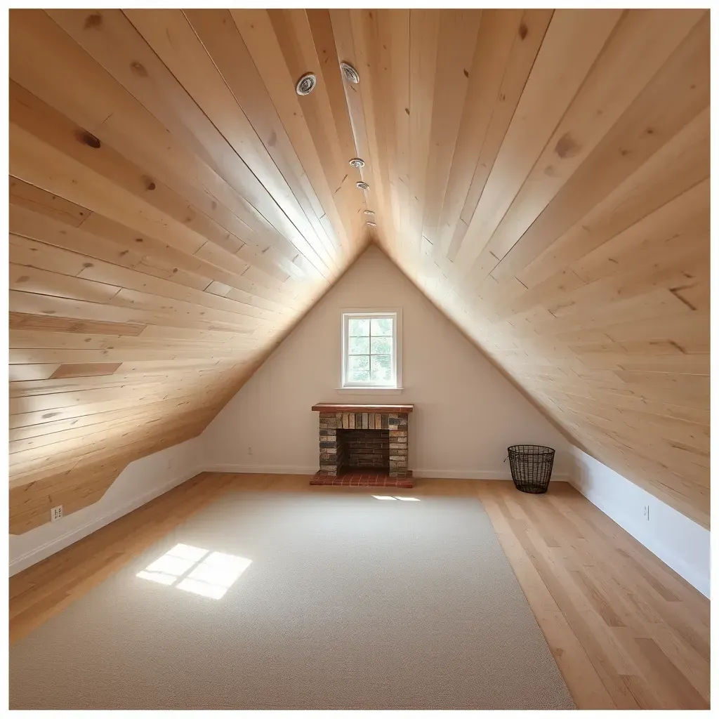 Restored attic in Raleigh, NC with exposed wooden beams, reclaimed hardwood floors, vintage rugs, and natural light.