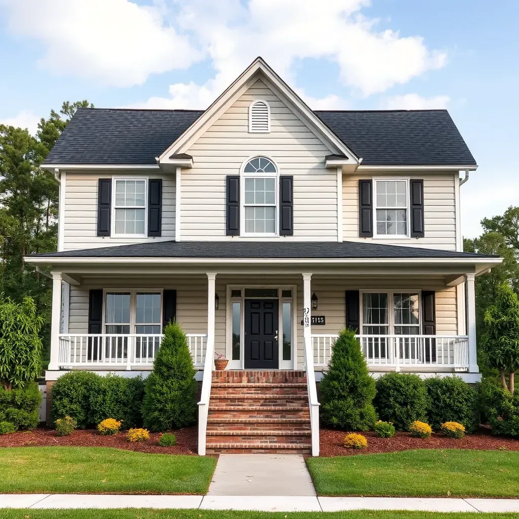 Renovated Smithfield, NC home with fresh paint, modern upgrades, landscaping, scaffolding, and ongoing restoration work.