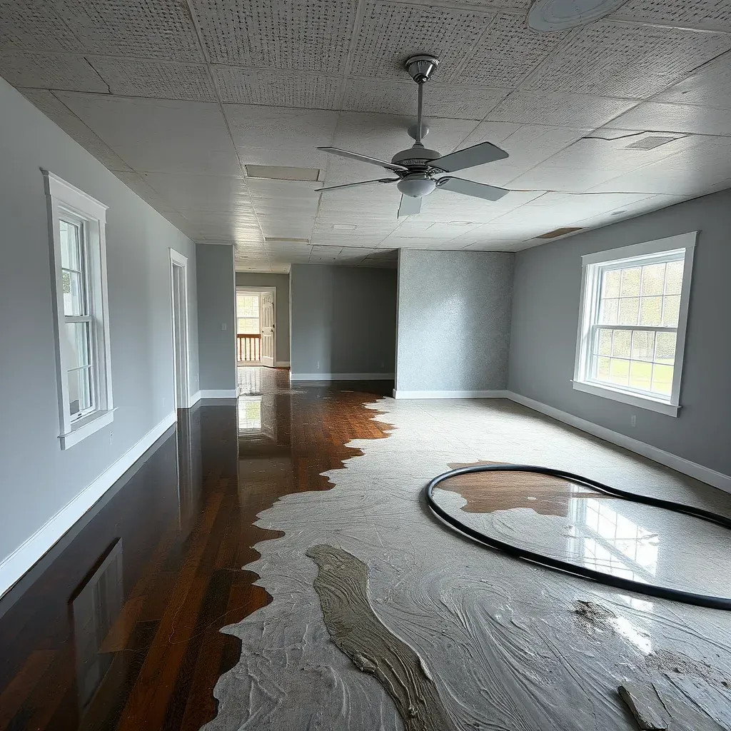 Water damage in an interior of a Dunn, NC building with wet floors, damaged walls, and restoration equipment like fans and dehumidifiers.