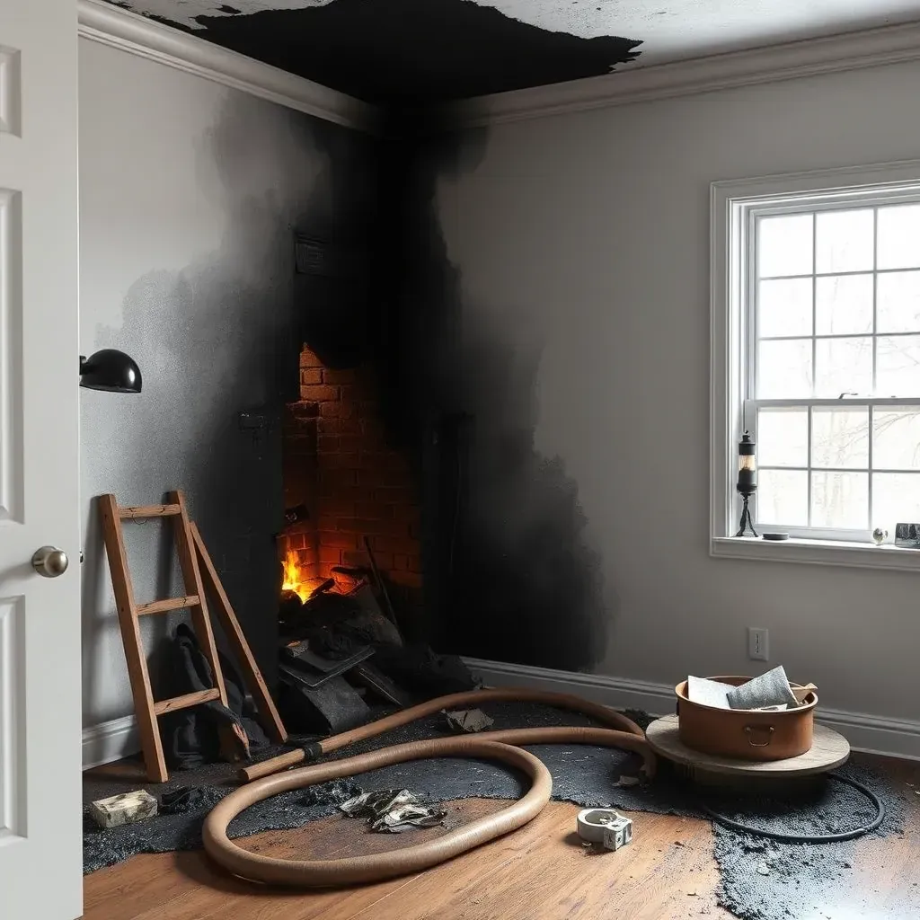 Interior of a Raleigh home showing charred walls, debris, melted fixtures, and restoration equipment after fire damage.