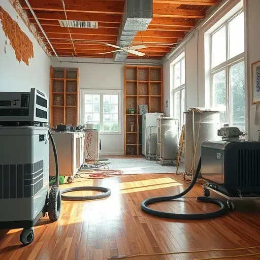 Restoration scene in Selma, NC showing water damage repair with drying equipment, moisture meters, and damaged walls.