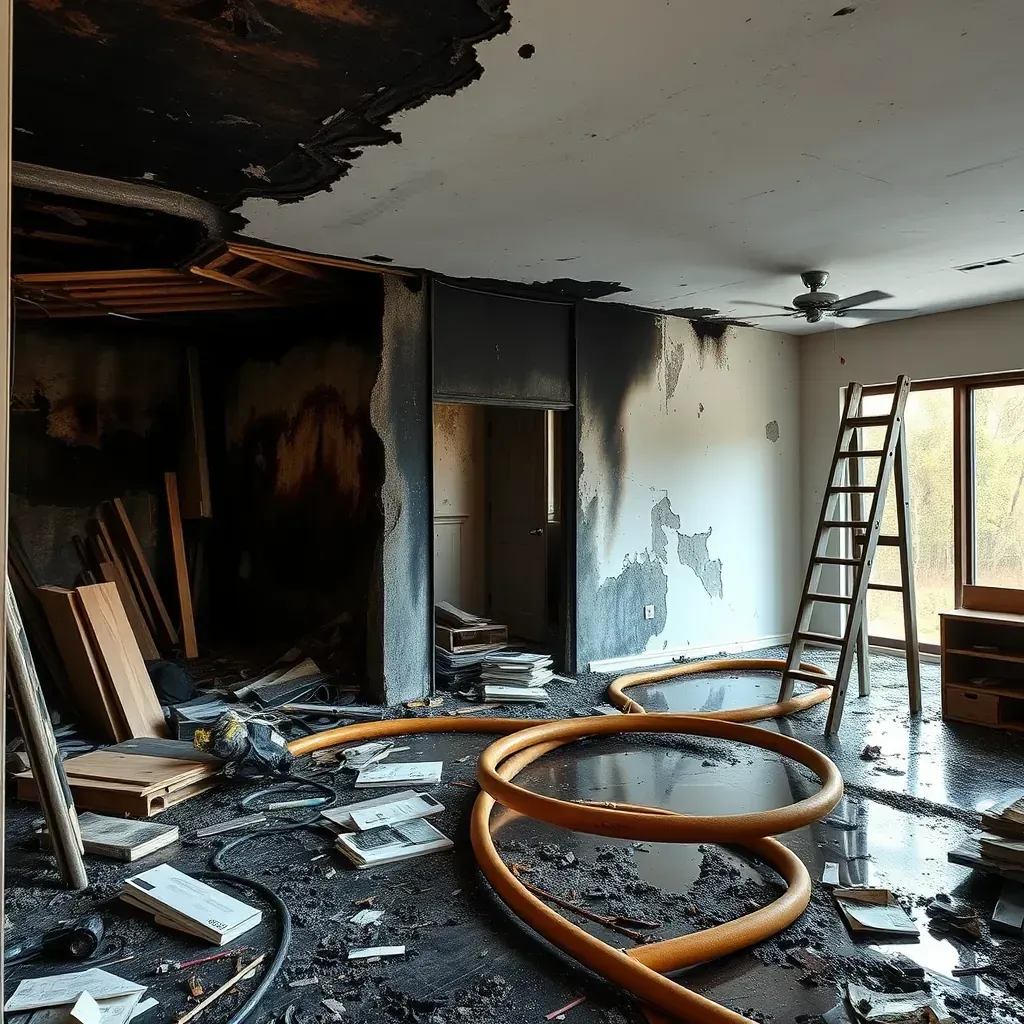 Fire damage restoration scene in Raleigh, NC showing charred walls, broken windows, debris, and restoration equipment.