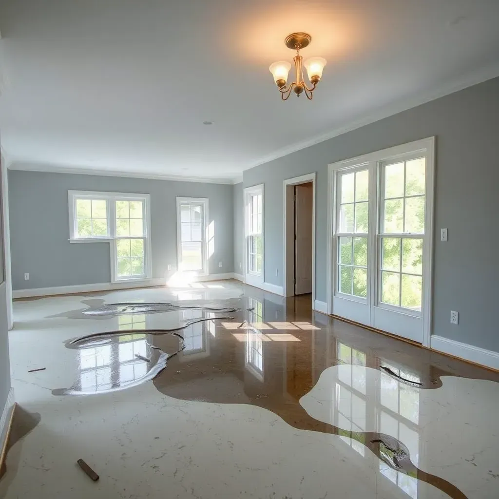 Water-damaged home with wet floors, warped baseboards, drying equipment, and exposed drywall in Clayton, NC.