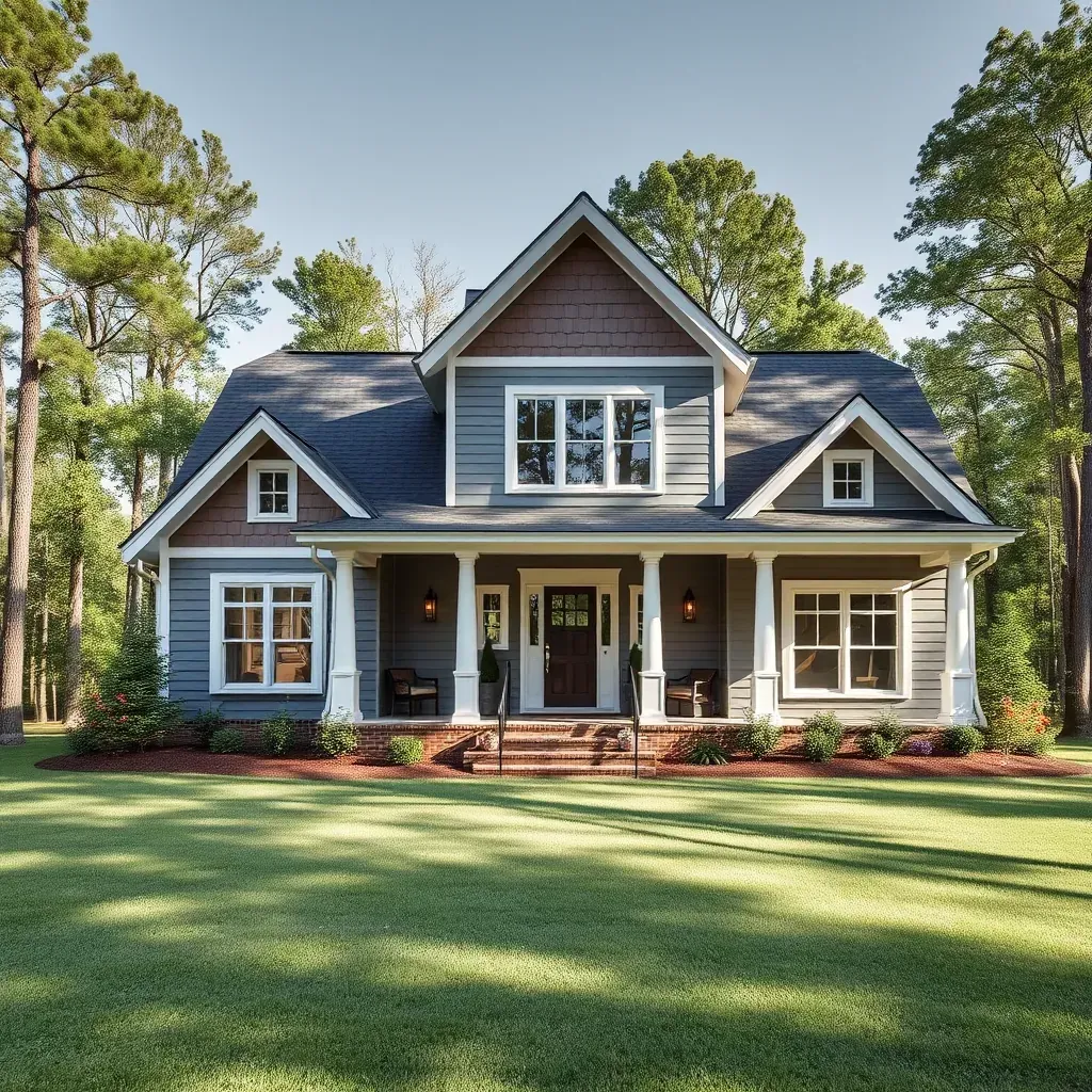 Freshly renovated Archer Lodge, NC home with beige siding, white trim, new porch, landscaped yard, and remodeling truck.