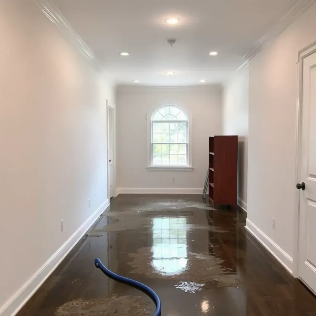 Water damage restoration scene in Raleigh, NC showing wet floors, drying equipment, mold, and repaired drywall.
