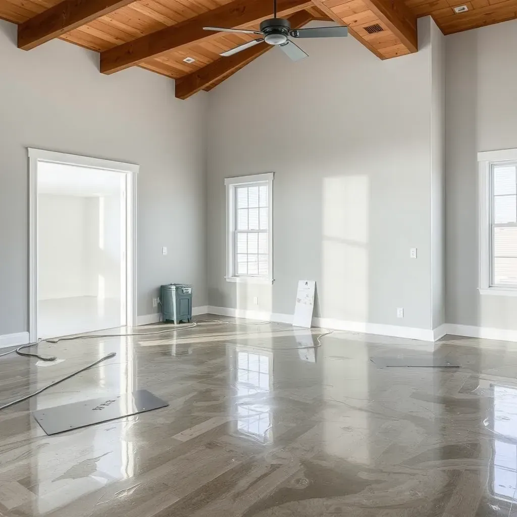 Water damage restoration in Clayton, NC: restored interior with dried, cleaned hardwood floors, dehumidifiers, fans, and fresh paint.