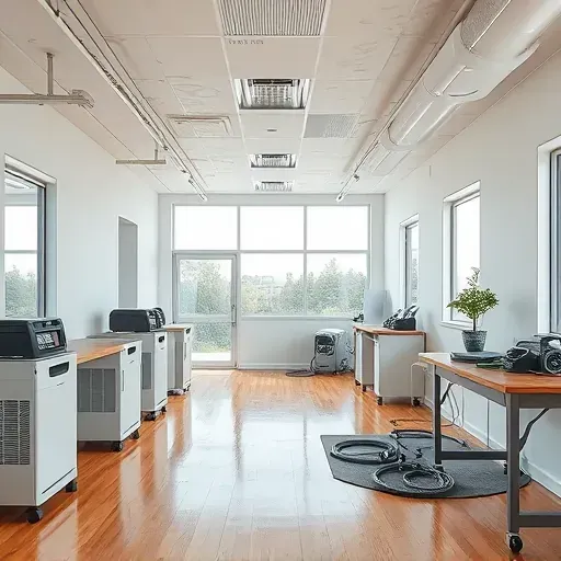 Water damage restoration scene in Smithfield, NC showing a clean office with repaired ceilings, moisture tools, and bright, professional setting.