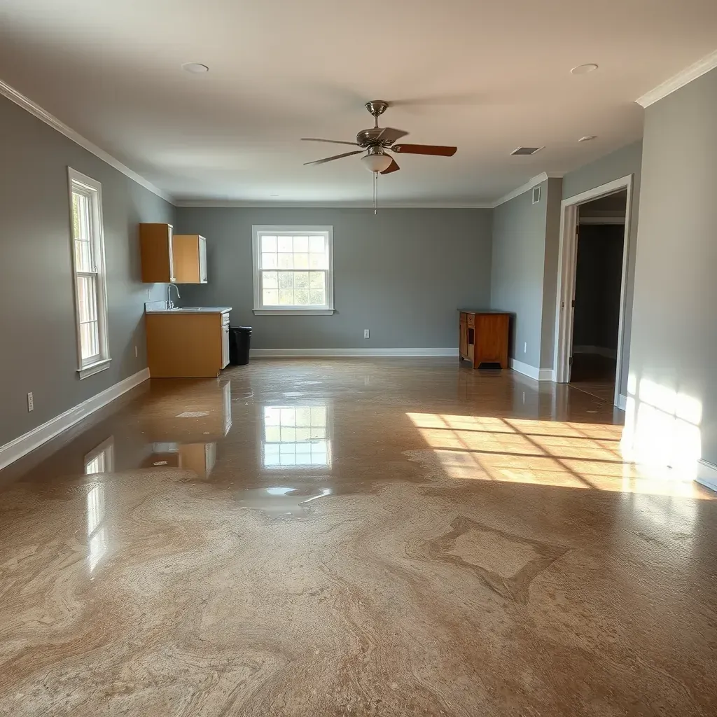 Water damage restoration in Four Oaks, NC: dehumidifiers and fans working amid water-stained floors and peeling walls.