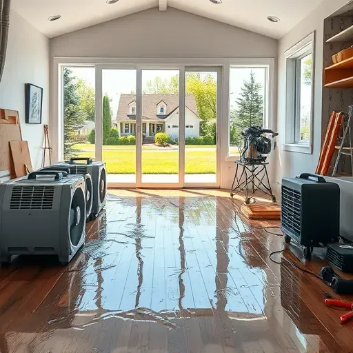 Modern Pittsboro NC home interior with water damage, drying equipment, exposed drywall, and scenic neighborhood view.