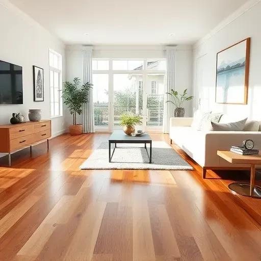 Modern Wake Forest living room with restored hardwood, bright white walls, stylish furniture, and natural light showcasing water damage repair.