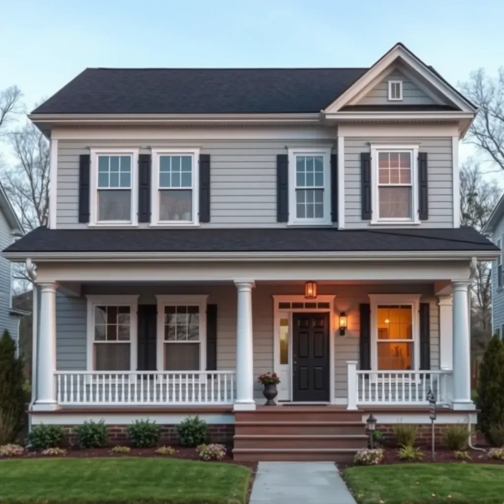 Renovated Durham, NC home with new siding, improved porch, construction tools, landscaping, and cityscape background.