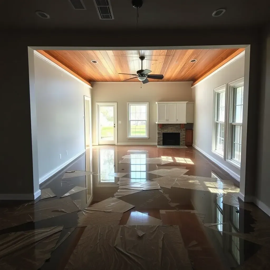 Interior of Benson, NC home showing water-damaged floors, warped drywall, and restoration equipment like dehumidifiers and air movers.