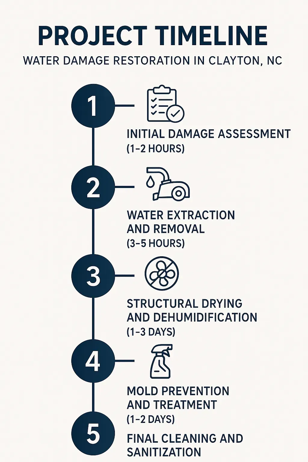 Infographic showing Water Damage Restoration timeline in Clayton, NC: assessment, extraction, drying, mold treatment, cleaning.