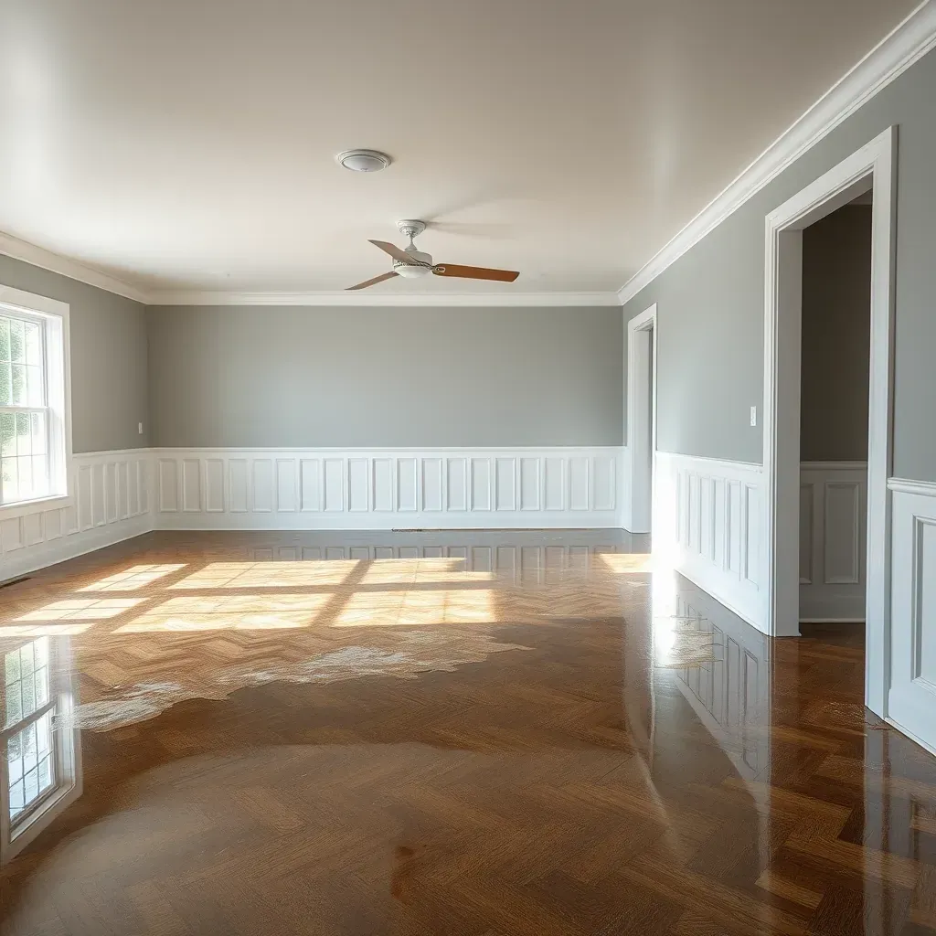 Water damage restoration in Pittsboro, NC: flooded living room with warped hardwood, damp subfloor, drying equipment, and repair tools.