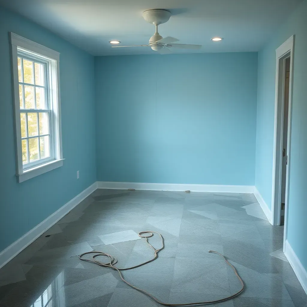Water damage restoration in Four Oaks, NC featuring water stains, warped drywall, soaked carpet, and professional drying equipment.