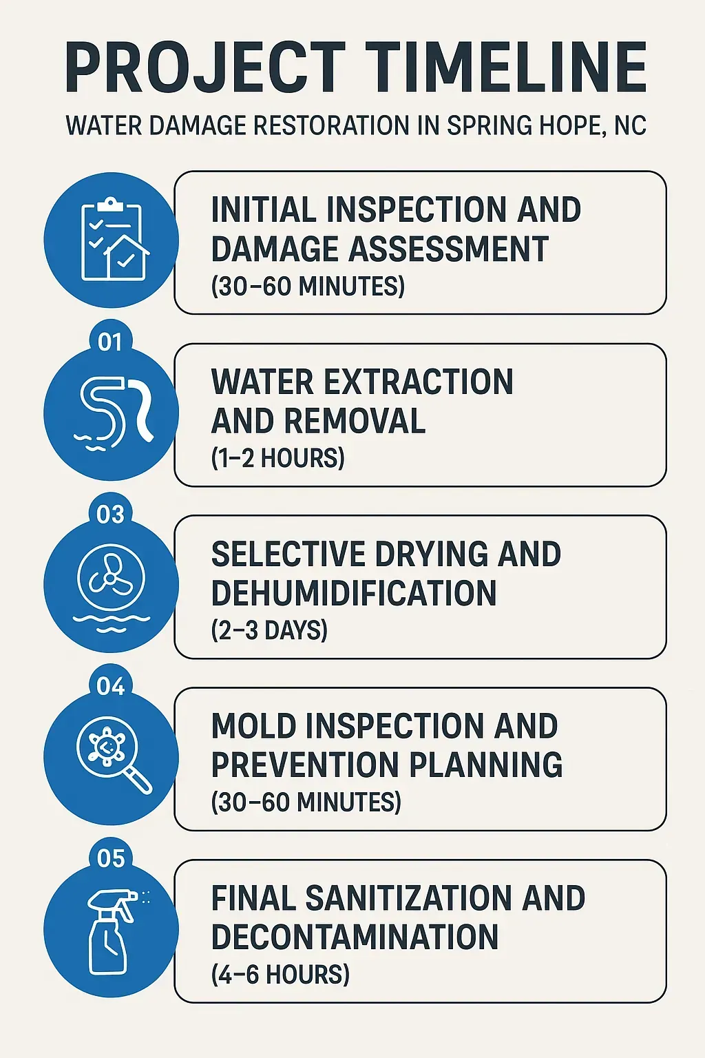 Infographic showing 5-step water damage restoration timeline in Spring Hope, NC: inspection, extraction, drying, mold prevention, sanitization.