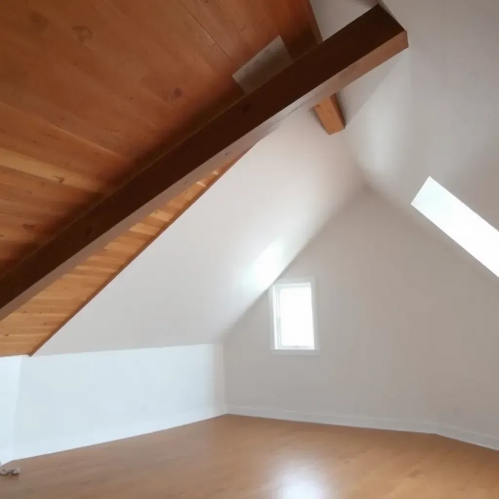 Attic restoration in Raleigh, NC showing renovated space with insulation, wooden beams, and new flooring.