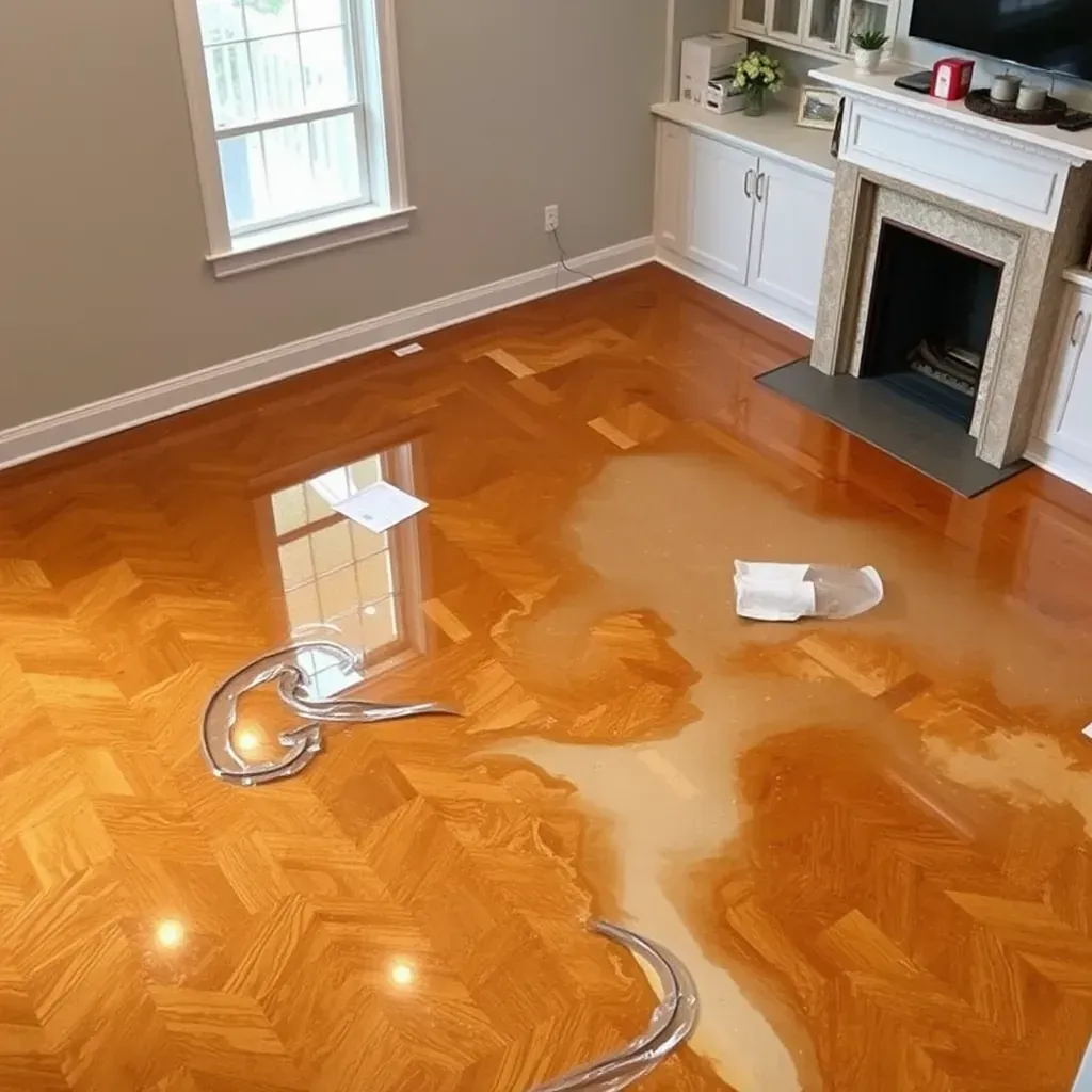 Water damage restoration scene in Raleigh, NC, showing wet floors, damaged drywall, dehumidifiers, and restoration equipment.