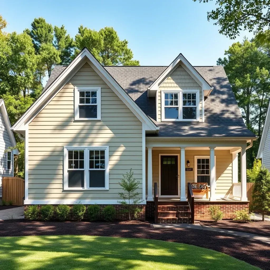 Beautiful Raleigh home with brick additions, large windows, lush yard, and a covered patio in springtime.