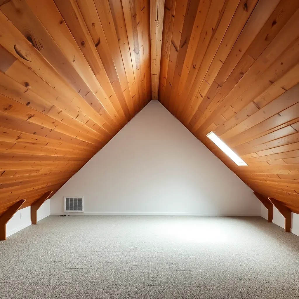Restored attic in Raleigh, NC with wooden beams, skylights, insulation, painted walls, and organized storage, showcasing renovation.