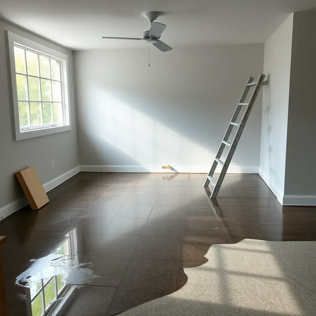 Water damage restoration in Pittsboro, NC: exposed damaged floors, water pooling, drying equipment, and moisture repair efforts inside a home.