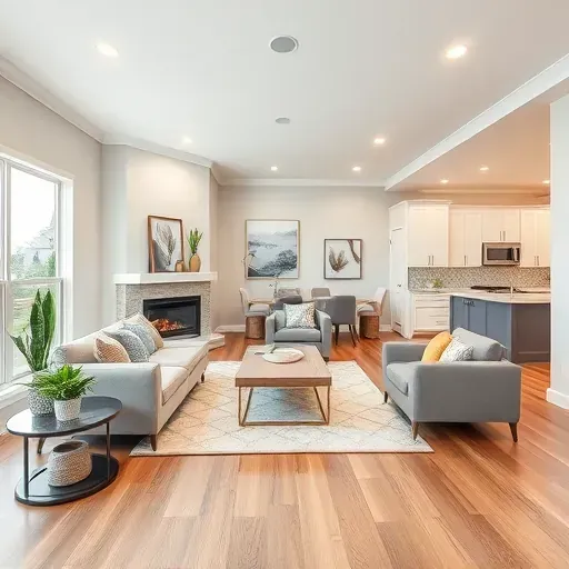 Bright, renovated Holly Springs living room with large windows, hardwood floors, modern furniture, fireplace, and adjacent kitchen.