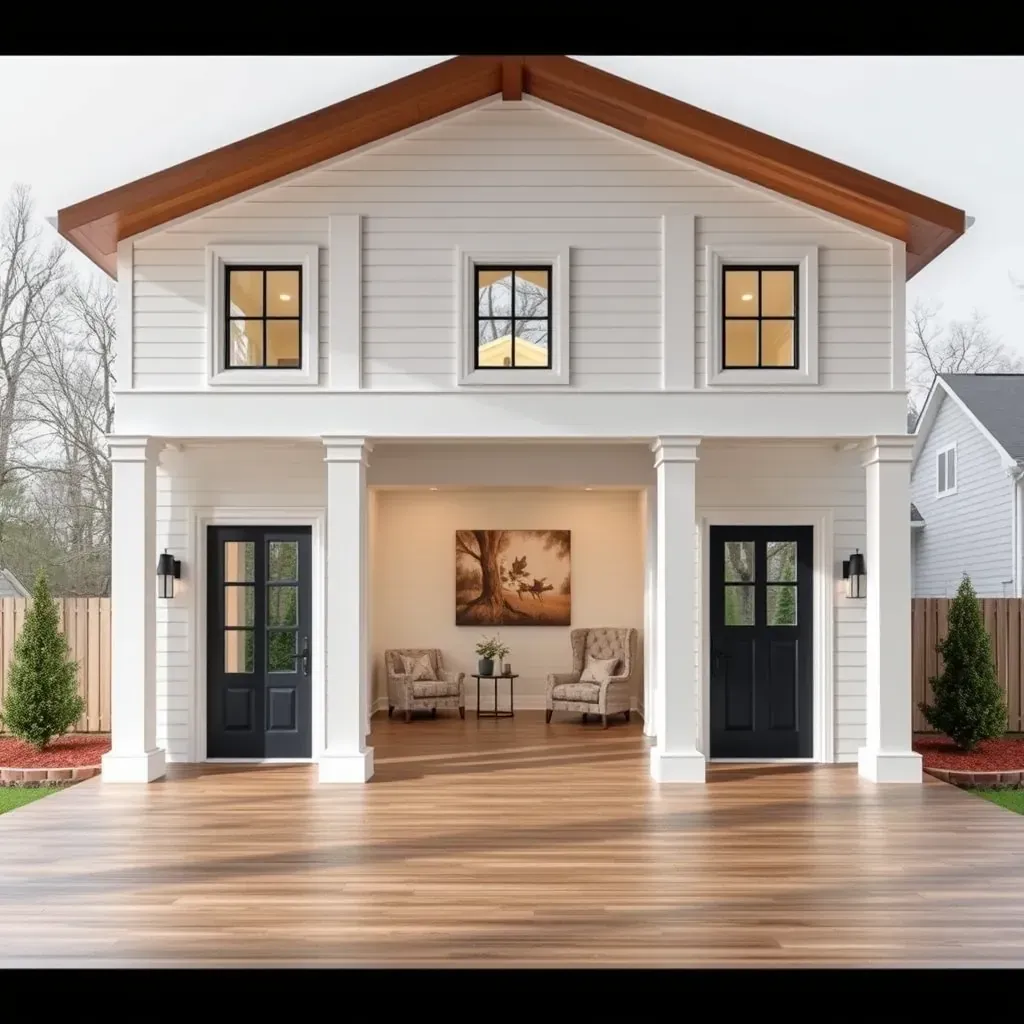 Modern home addition in Raleigh, NC with large windows, elegant siding, lush landscaping, and mature trees.