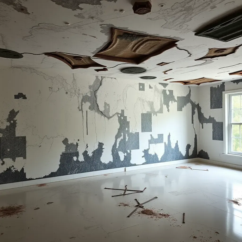 An interior of a Raleigh home during mold remediation, showing mold on walls and ceiling, with professional equipment and safety barriers.