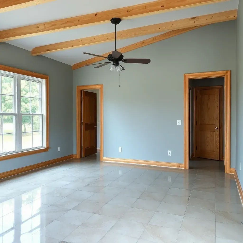 Water damage restoration in Raleigh, NC; damaged drywall, fans, dehumidifiers, and regional skyline visible.