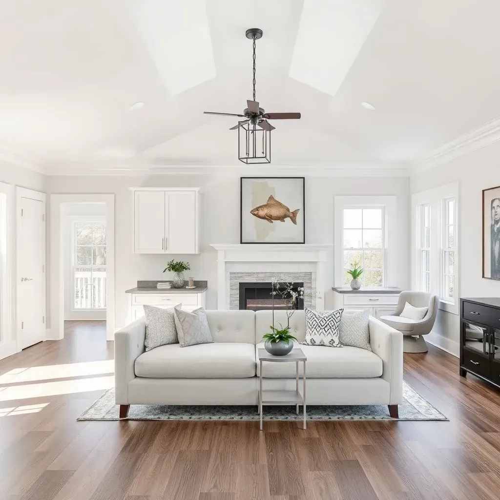 Renovated Mebane, NC home featuring white siding, stone accents, energy-efficient windows, lush lawn, and inviting porch.