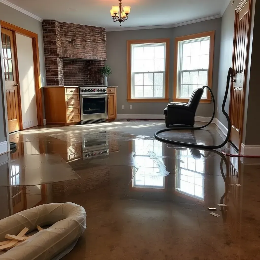 Water-damaged home in Clayton, NC with wet drywall, buckled flooring, drying fans, moisture meters, and sunlight.