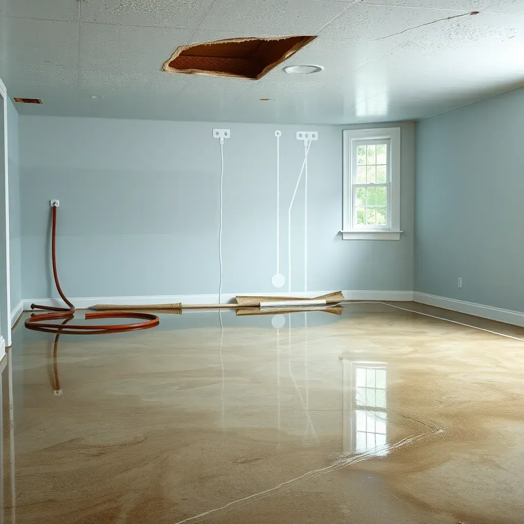 Water damage restoration in a home: wet floors, peeling drywall, dehumidifiers, and drying equipment in Apex, NC.