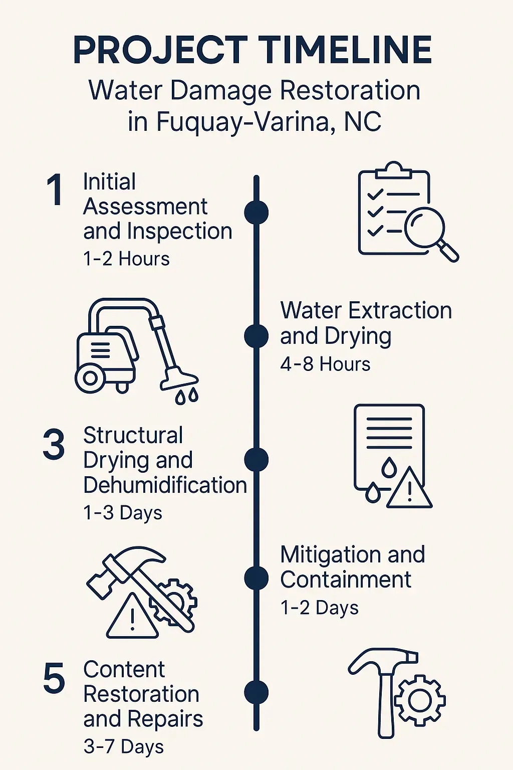 Infographic showing 5-step water damage restoration timeline in Fuquay-Varina, NC, from assessment to repairs.