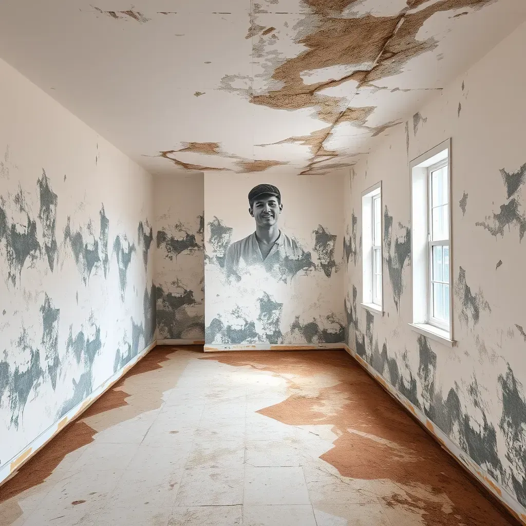 Mold remediation scene in Raleigh, NC featuring mold-damaged walls, containment equipment, air purifiers, and local scenery.