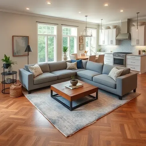 Renovated home in Rolesville, NC featuring a modern living room with hardwood floors, upscale furnishings, and an open kitchen.
