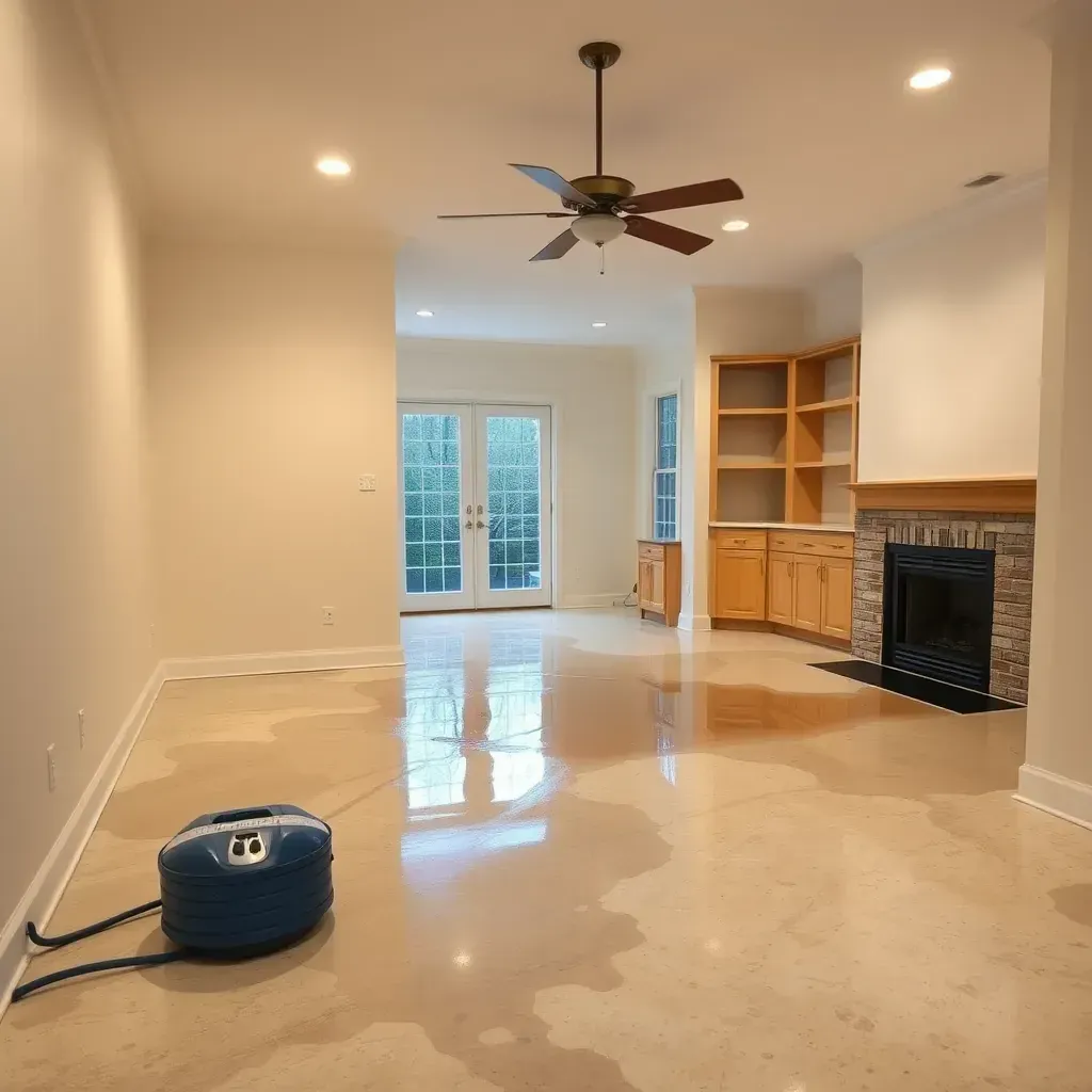 Water damage restoration scene in Carrboro, NC shows warped floors, peeling paint, and drying equipment in a flooded home.