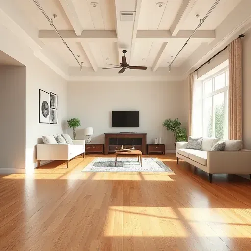 Restored interior with polished hardwood, clean drywall, fresh paint, modern furniture, and natural light after water damage repair.