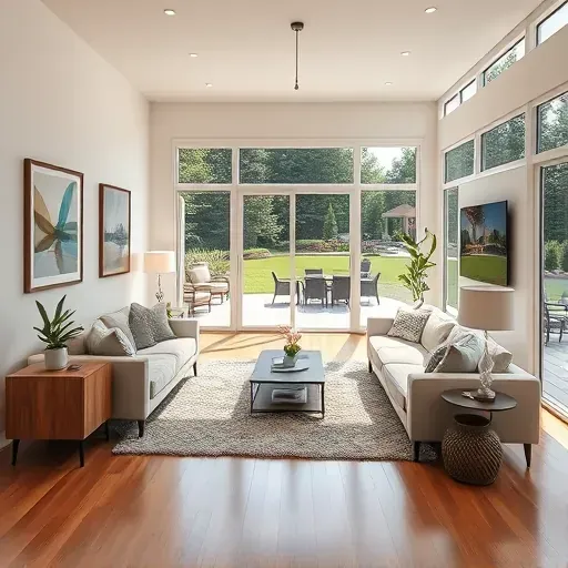 Renovated Selma, NC living room with modern furnishings, wood flooring, neutral walls, natural light, and scenic backyard views.