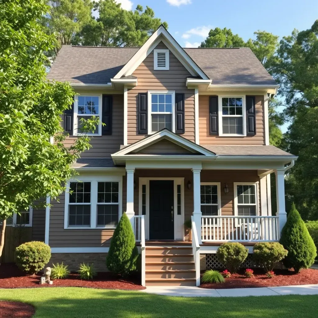 Charming Raleigh neighborhood with various siding types, lush lawns, mature trees, and a sunny blue sky scene.