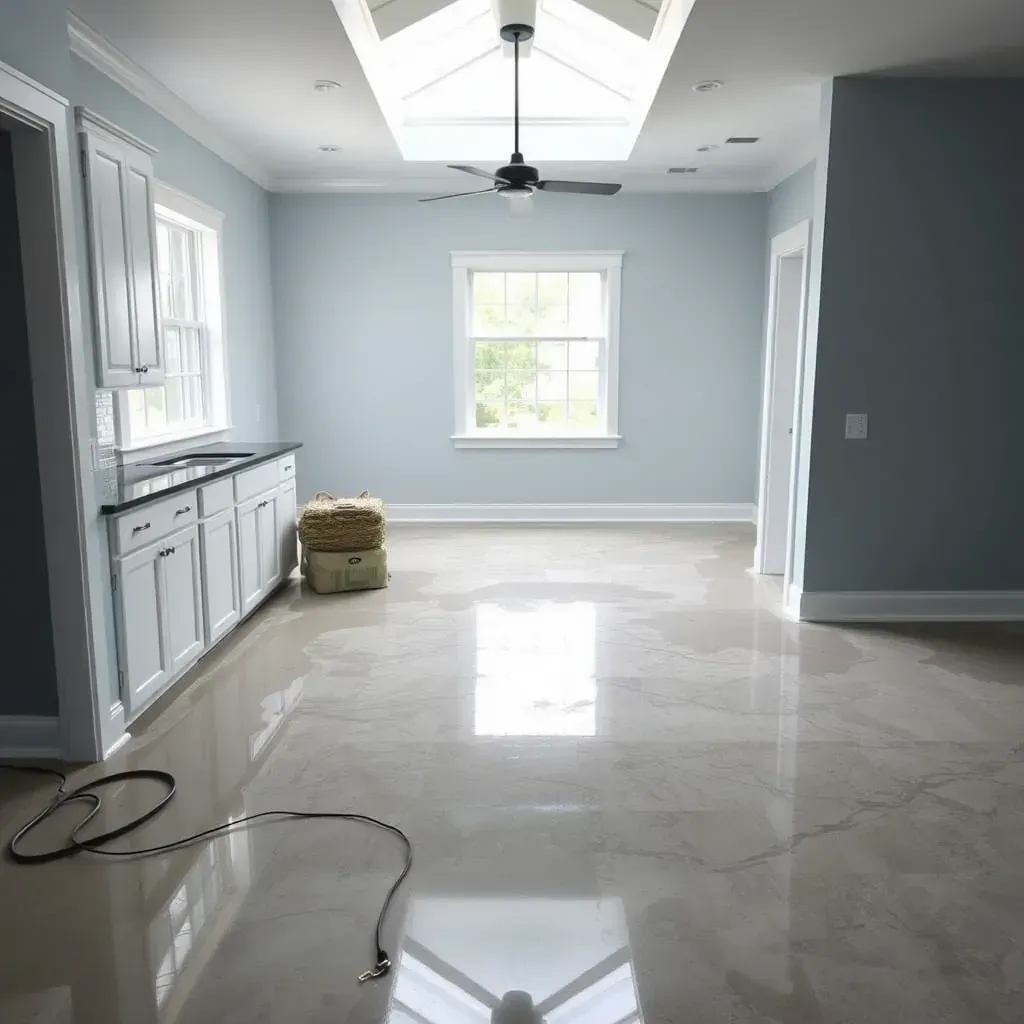 Interior of a water-damaged Four Oaks, NC home with dehumidifiers, air movers, exposed drywall, and moisture testing equipment.