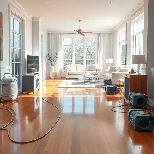 Pristine water damage restoration scene in Cary, NC showing a clean, repaired living room with organized equipment and natural light.