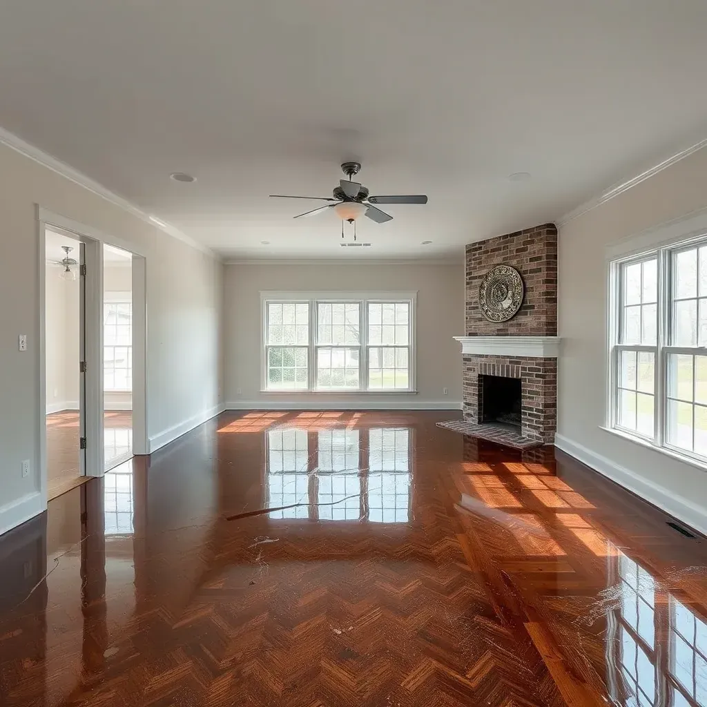 Water damage restoration in Erwin, NC: a flooded living room with drying equipment, water stains, mold, and wet drywall.