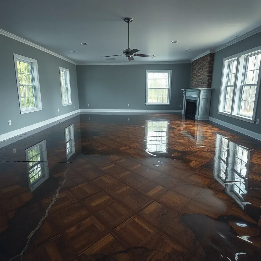 Water damage restoration in Archer Lodge, NC: drying equipment, damaged floors, and protected furnishings inside a home.